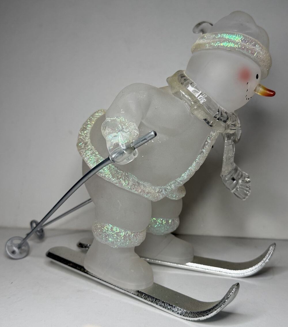 VTG Frosted Snowman On Silver Skis With Ski Poles Christmas Decoration 8.5 x9.5"